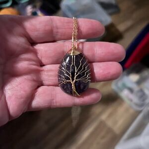 Easter Egg Stone Wire Wrapped with Tree of Life in Gold Wire N303